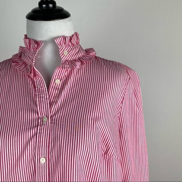 J Crew Re-imagined top style as700 size XS pink white pinstriped ruffle - Picture 2 of 13